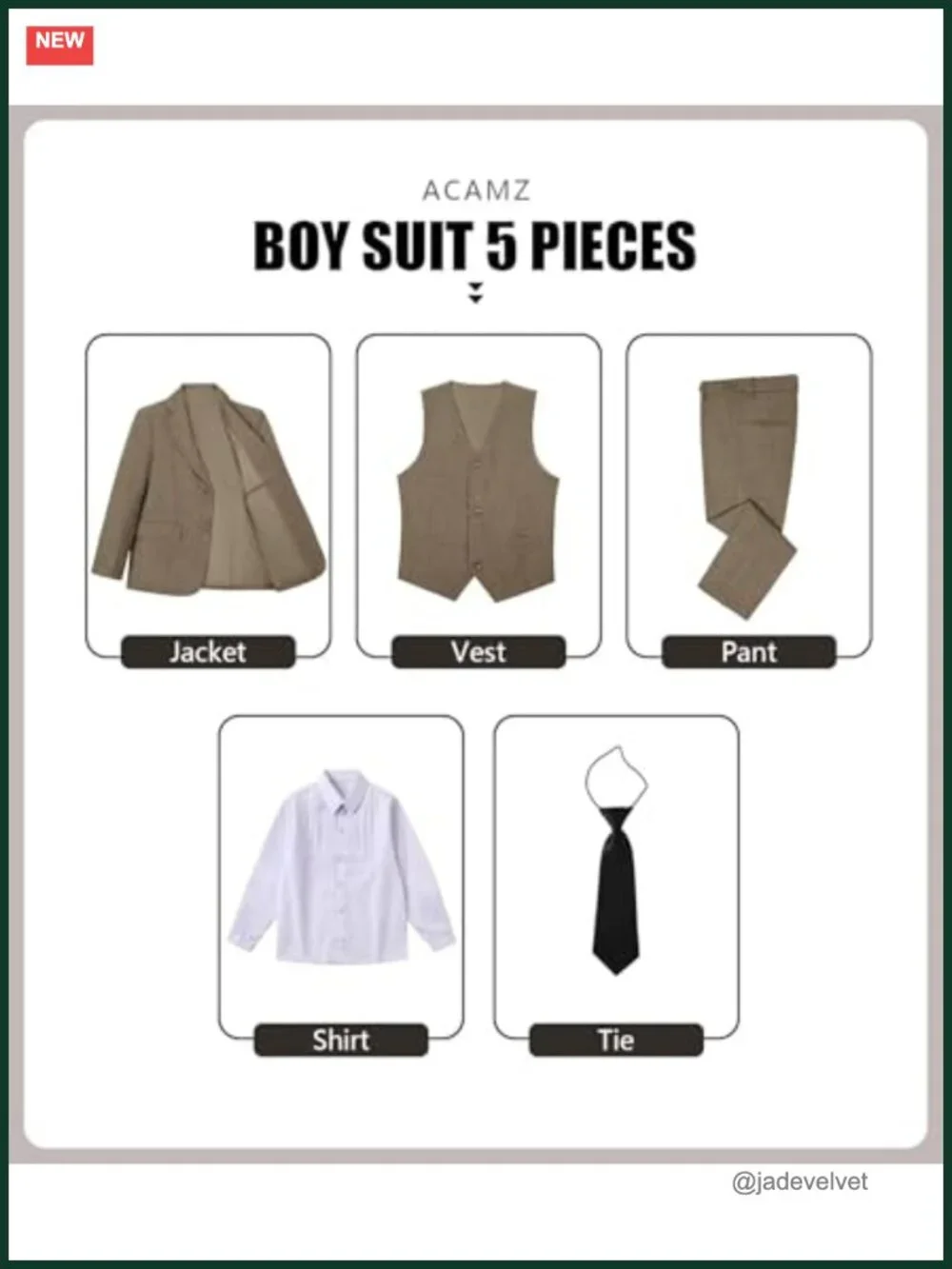 5-Piece Tweed Herringbone Suit Set for Boys - Jacket, Vest, Pants, Shirt, Tie